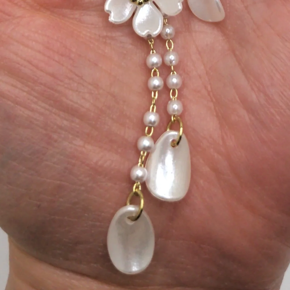 White Floral Wedding Bridal Earrings with Pearl Accents - Picture 7 of 9